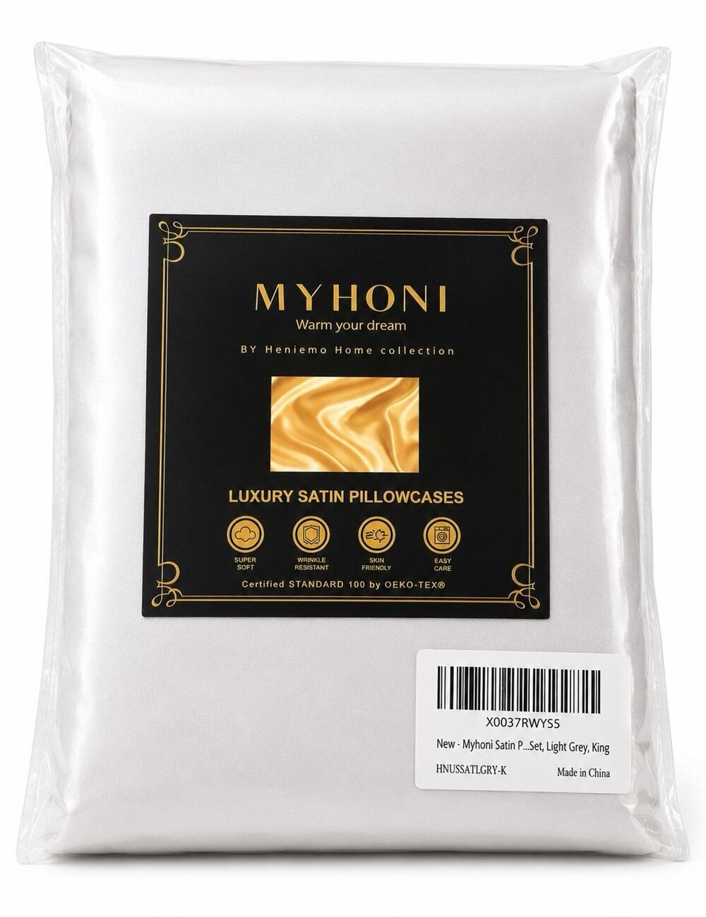 MYHONI Satin Pillowcase Queen 20x40 Light Grey 2 Pack Silky Soft Hair Skin NEW